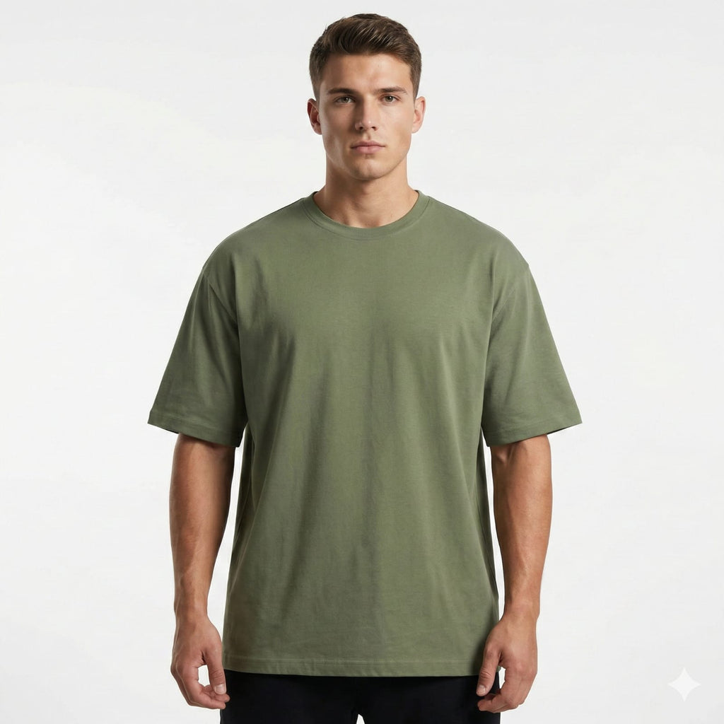 Bulk Baggy Fit Drop shoulder T-Shirts | Olive Green | Round Neck, Pure Cotton, Bio Wash |